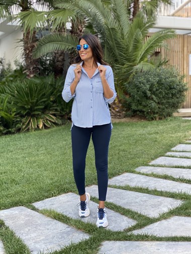 Mavi Çizgili Gofre Kadın Gömlek