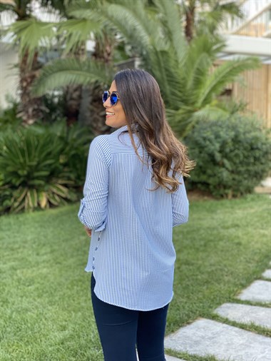 Mavi Çizgili Gofre Kadın Gömlek