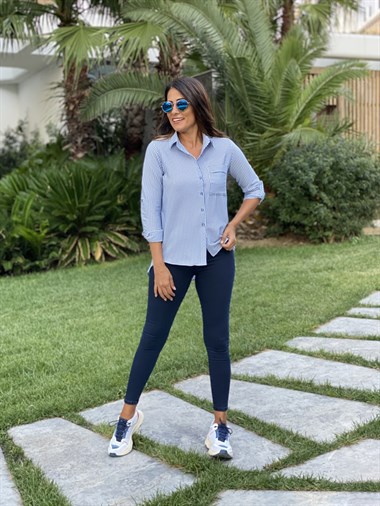 Mavi Çizgili Gofre Kadın Gömlek