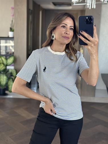 Mavi Çizgili Nakışlı Bisiklet Yaka Kadın T-Shirt