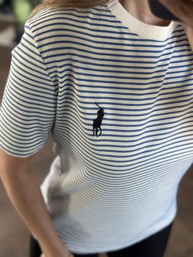 Mavi Çizgili Nakışlı Bisiklet Yaka Kadın T-Shirt