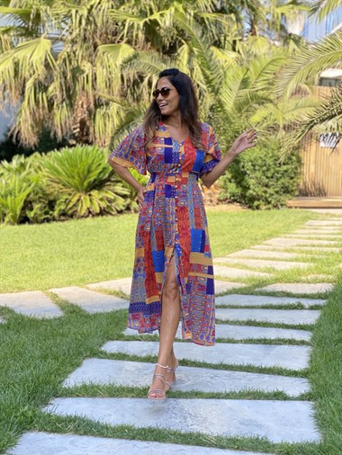 Mavi Desen Brit Düğmeli Viskon Kadın Elbise