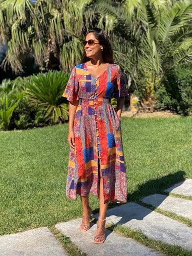 Mavi Desen Brit Düğmeli Viskon Kadın Elbise