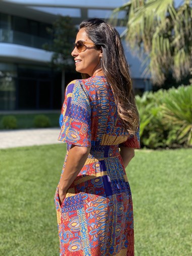 Mavi Desen Brit Düğmeli Viskon Kadın Elbise