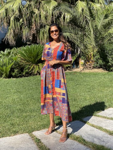 Mavi Desen Brit Düğmeli Viskon Kadın Elbise