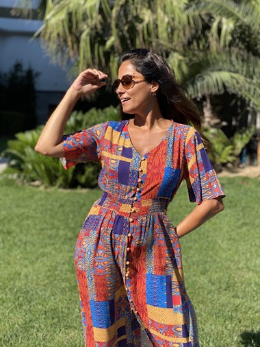 Mavi Desen Brit Düğmeli Viskon Kadın Elbise