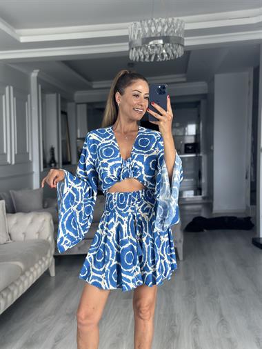 Mavi Desenli Bağlamalı Bluz Beli Gipeli Şort Kadın Alt Üst Takım