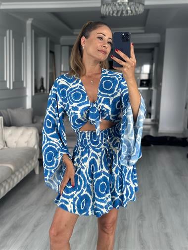 Mavi Desenli Bağlamalı Bluz Beli Gipeli Şort Kadın Alt Üst Takım