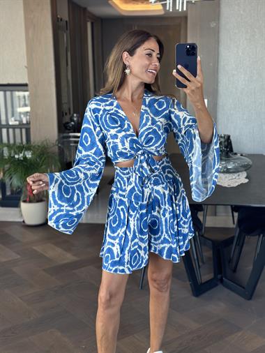 Mavi Desenli Bağlamalı Geniş Kol Bluz Şort Kadın Alt Üst Takım