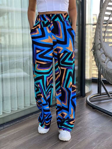 Mavi Desenli Bel Lastikli Bol Paça Yürüyüş Kadın Pantolon