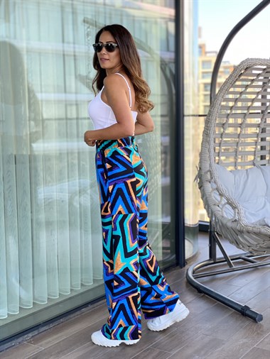 Mavi Desenli Bel Lastikli Bol Paça Yürüyüş Kadın Pantolon