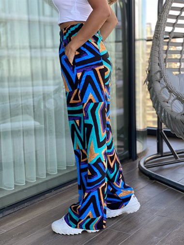 Mavi Desenli Bel Lastikli Bol Paça Yürüyüş Kadın Pantolon