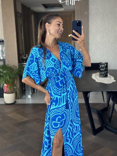 Mavi Desenli Beli Lastikli Önü Yırtmaçlı Midi Boy Viskon Kadın Elbise 