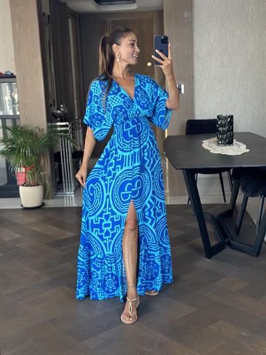 Mavi Desenli Beli Lastikli Önü Yırtmaçlı Midi Boy Viskon Kadın Elbise 