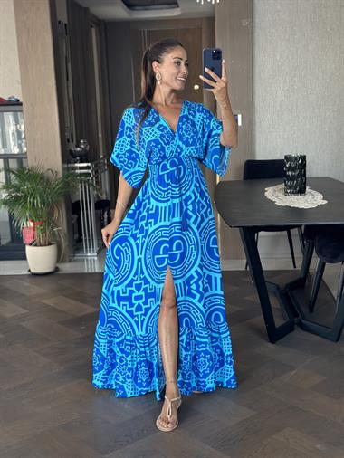 Mavi Desenli Beli Lastikli Önü Yırtmaçlı Midi Boy Viskon Kadın Elbise 