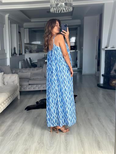 Mavi Desenli Dökümlü Askılı Midi Boy Kadın Elbise