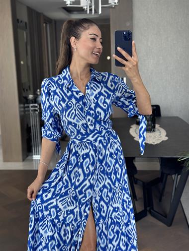 Mavi Desenli Kol Uçları Bağcıklı Viskon Kadın Elbise