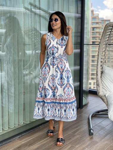 Mavi Desenli Önü Düğme Detay Bel Bağcıklı Kadın Elbise