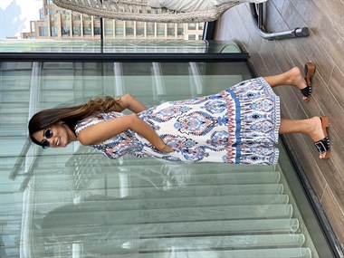 Mavi Desenli Önü Düğme Detay Bel Bağcıklı Kadın Elbise