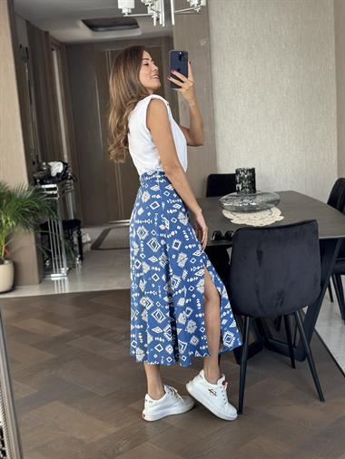 Mavi Desenli Tek Yırtmaçlı Viskon Kadın Etek