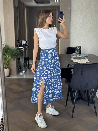 Mavi Desenli Tek Yırtmaçlı Viskon Kadın Etek