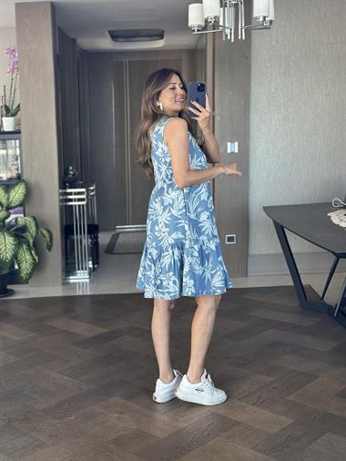 Mavi Desenli Tnsl Denim Sıfır Kol Kadın Çan Elbise