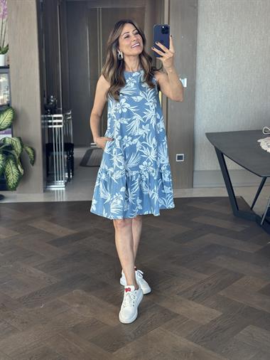 Mavi Desenli Tnsl Denim Sıfır Kol Kadın Çan Elbise
