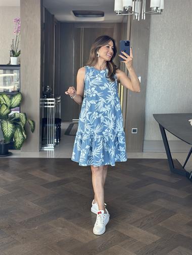 Mavi Desenli Tnsl Denim Sıfır Kol Kadın Çan Elbise