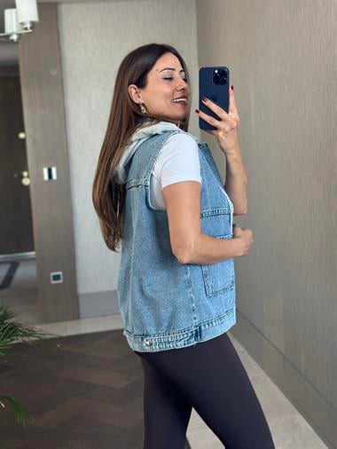 Mavi Eteği Apolet Detay Çıkarılabilir Kapüşonlu Kadın Jean Yelek