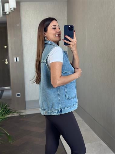 Mavi Eteği Apolet Detay Çıkarılabilir Kapüşonlu Kadın Jean Yelek