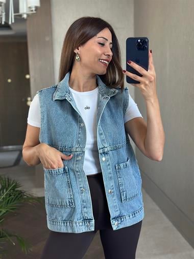 Mavi Eteği Apolet Detay Çıkarılabilir Kapüşonlu Kadın Jean Yelek