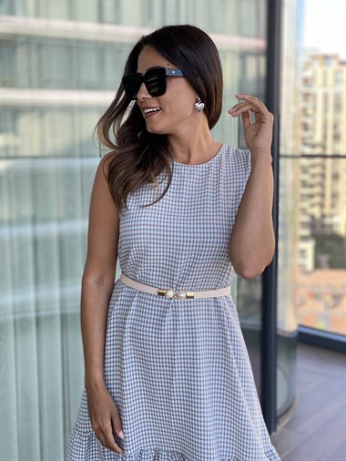 Mavi Eteği Volanlı Kareli Elbise