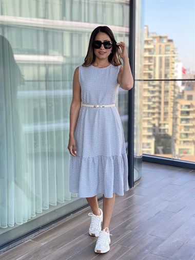 Mavi Eteği Volanlı Kareli Elbise