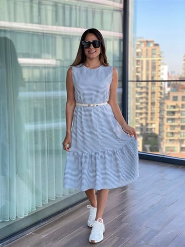 Mavi Eteği Volanlı Kareli Elbise