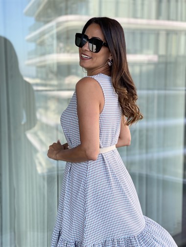 Mavi Eteği Volanlı Kareli Elbise