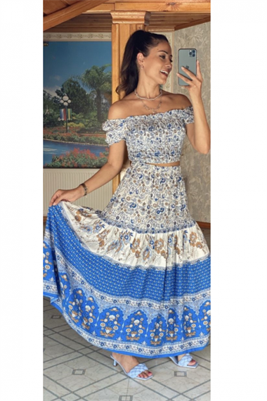 Mavi Etnik Desen İkili Takım