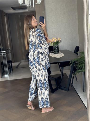 Mavi Etnik Desen Kimono Pantolon Kadın İkili Takım