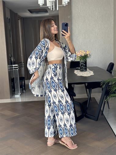 Mavi Etnik Desen Kimono Pantolon Kadın İkili Takım