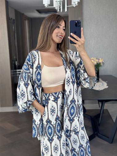 Mavi Etnik Desen Kimono Pantolon Kadın İkili Takım