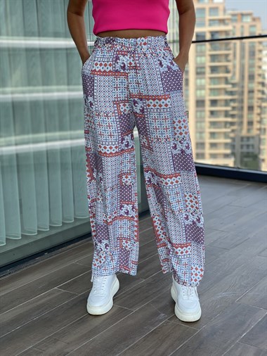 Mavi Etnik Desenli Pantolon