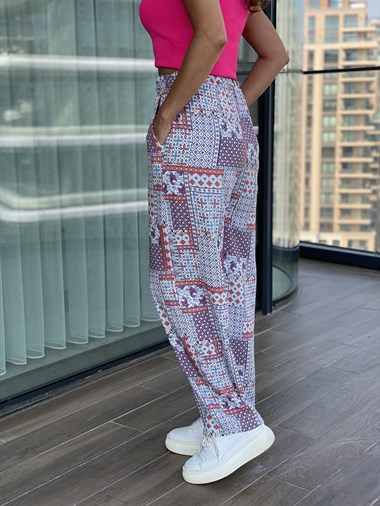 Mavi Etnik Desenli Pantolon