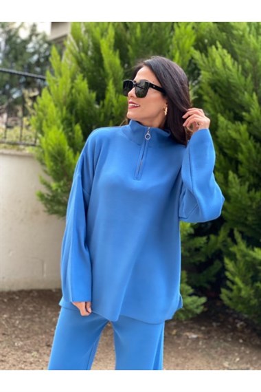 Mavi Fermuarlı Triko Takım