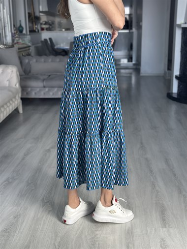 Mavi Geometrik Desenli Midi Boy Kadın Etek