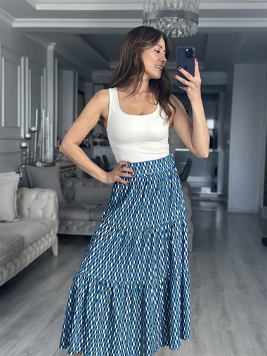 Mavi Geometrik Desenli Midi Boy Kadın Etek