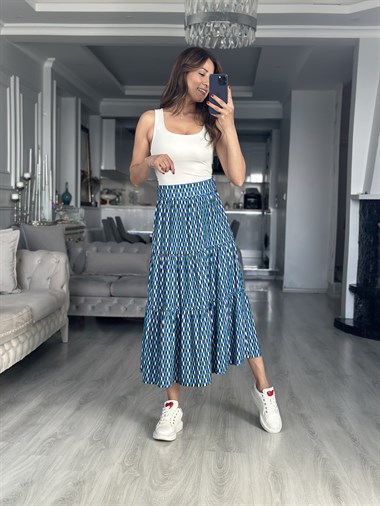 Mavi Geometrik Desenli Midi Boy Kadın Etek