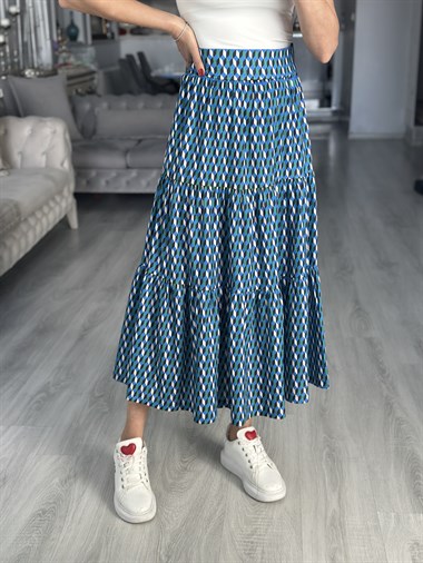 Mavi Geometrik Desenli Midi Boy Kadın Etek