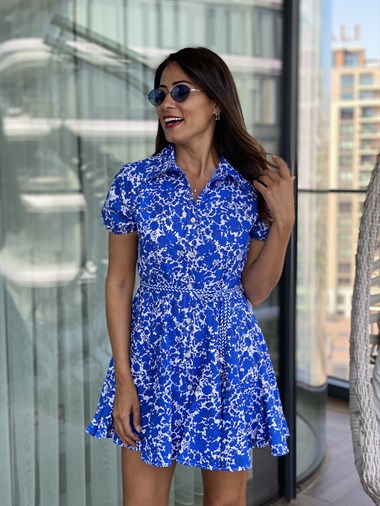 Mavi Gömlek Yaka Çiçek Desen Volanlı Kadın Elbise