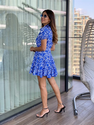 Mavi Gömlek Yaka Çiçek Desen Volanlı Kadın Elbise