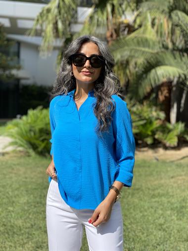 Mavi Gömlek Yaka Yarasa Kol Aerobin Kadın Bluz