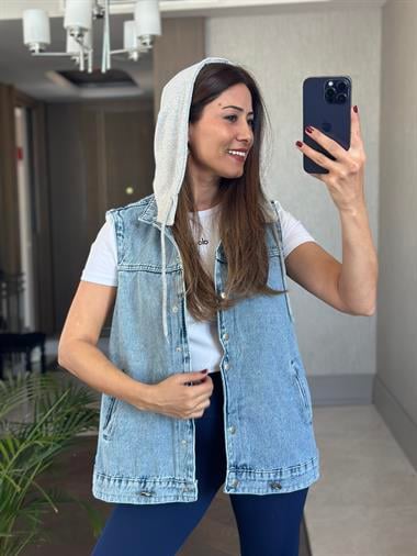 Mavi Gri Kapüşonlu Ayarlanabilir Lastikli Kadın Jean Yelek